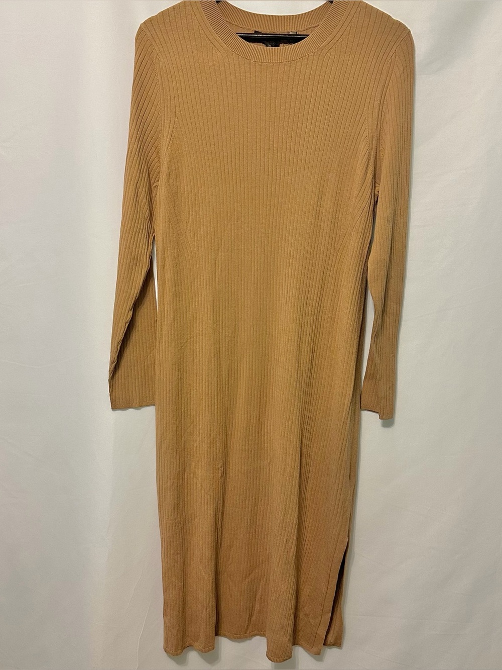Banana Republic Rib Knit Dress Tan Camel Womens XL Soft Ltwt Long Sleeve Midi